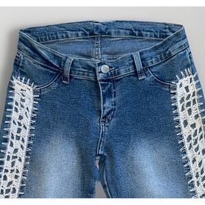 Y2K Flare Jeans Crochet Side Panel Women's 24 Stretch Denim Boho Festival‎
